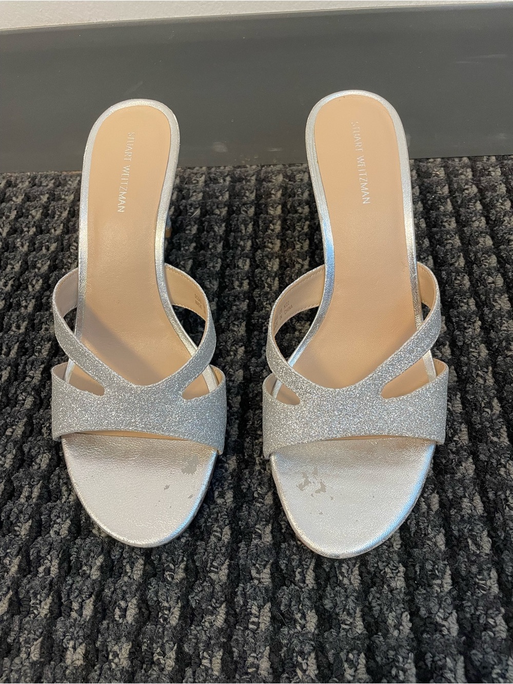 Stuart Weitzman Silver Glitter Slide Sandals size 9